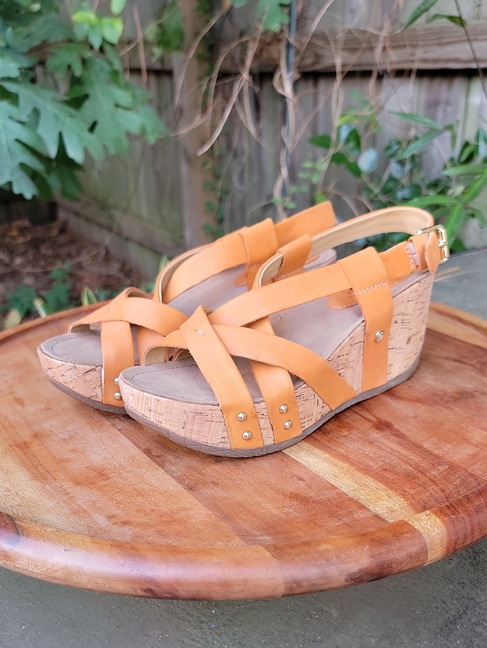 Bussola Wedge Sandals in Old Luggage Apricot Leather - Strappy Cork Platform 6.5